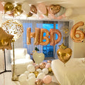 Rose Gold "HBD" & Number Hotel Room Birthday Balloon Setup